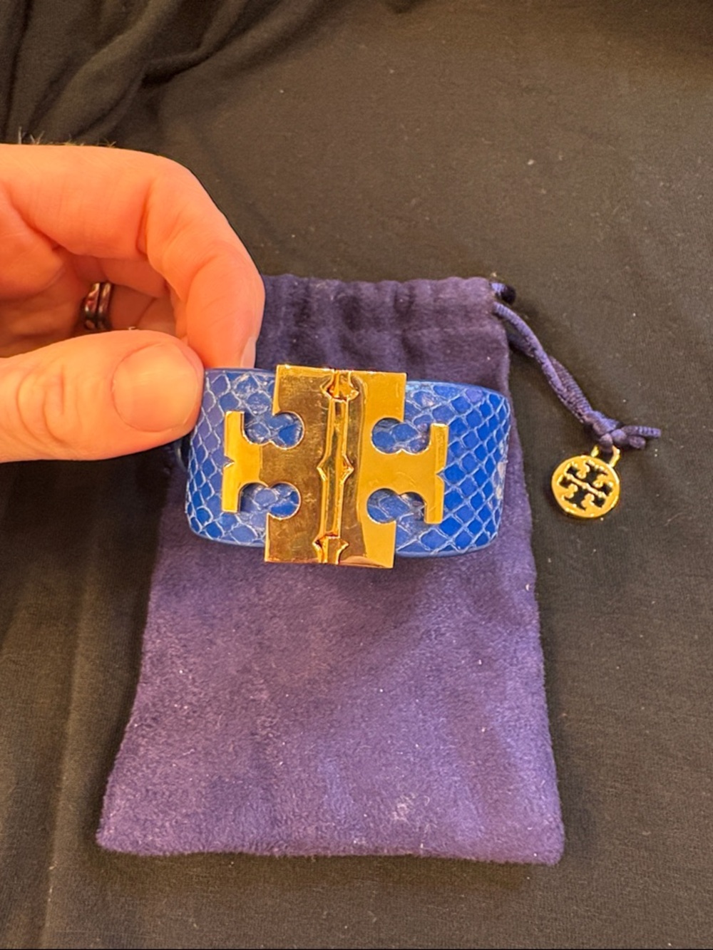 Tory Burch Royal Blue Leather Cuff with Gold Logo